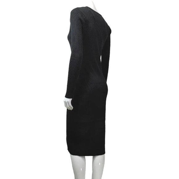 Black Deep V Neck Button Down Long Knit Bodycon Dress / Long Sleeve  Siz… - Picture 10 of 16